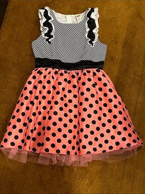 Girls Pink Polka Dot Casual Dress with Ruffle Shoulders